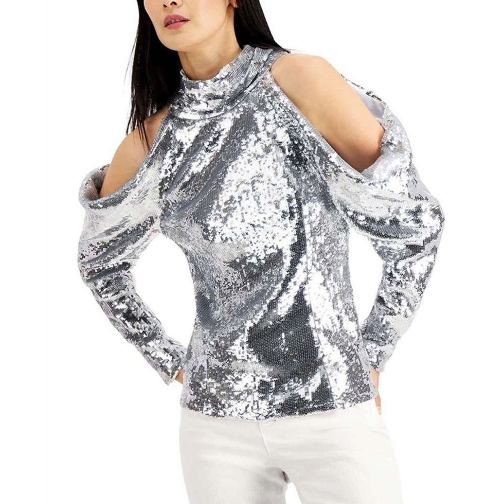 INC International Concepts Women's Metallic Mock Neck Cold Shoulder Top Sliver.